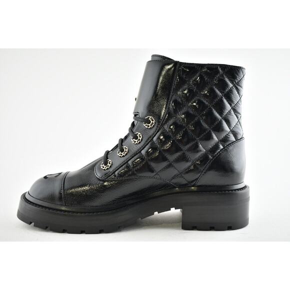 Chanel 21A Black Shiny Patent Quilted Gold CC Chain Combat Ankle Short Boot 37 - Picture 8 of 11